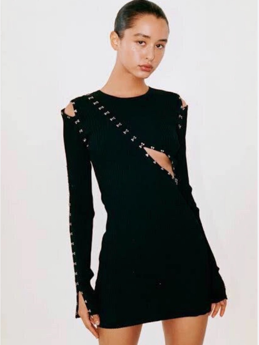 With Jean Black Cutout Long-Sleeve Mini Dress